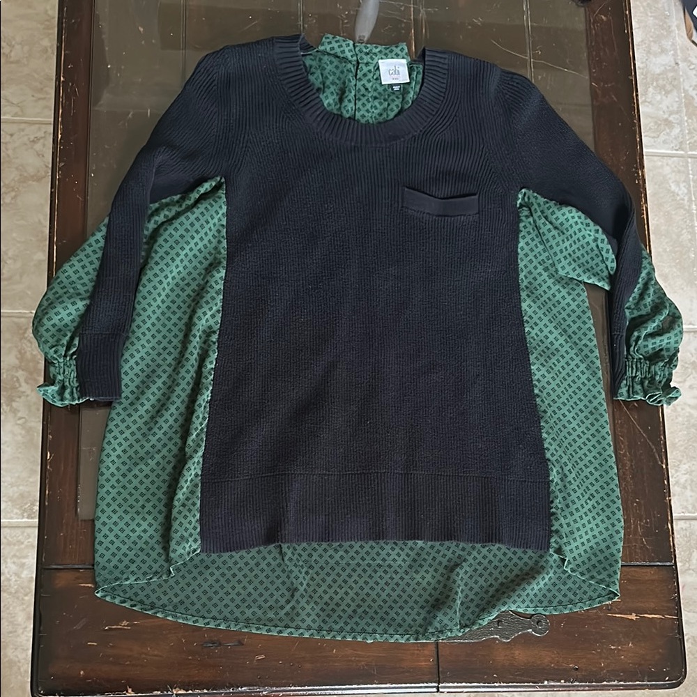 Cabi women’s sheer knit high low green and black get together sweater 💚🖤